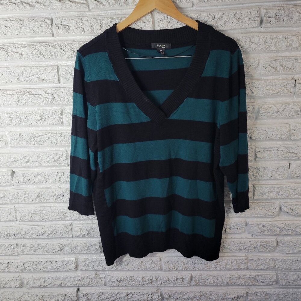 Style Co 3X‎ Plus Green Black Striped Tight-Knit 3/4 Sleeve Sweater STR188E